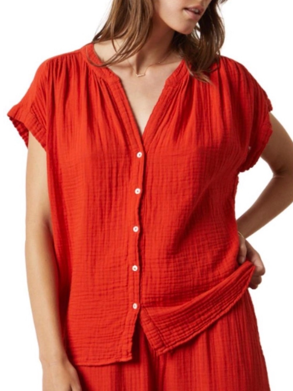 VELVET Red Shirt XS Cotton Gauze Cheesecloth Vacation Resort Lightweight Travel